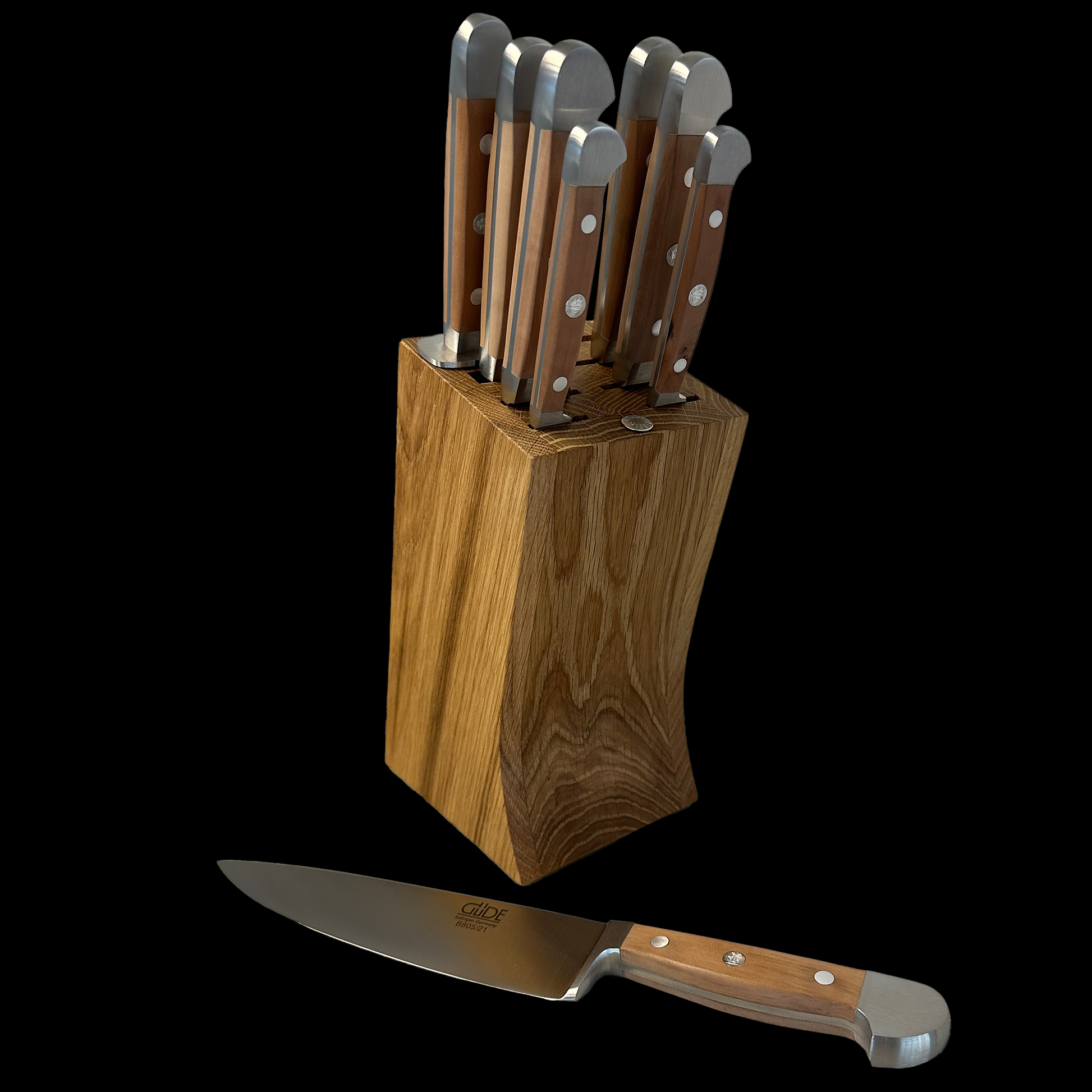 Gude Alpha Barrel Oak Series 9-Piece Knife Block Set, Oak Wood Handle - Gude Shop USA