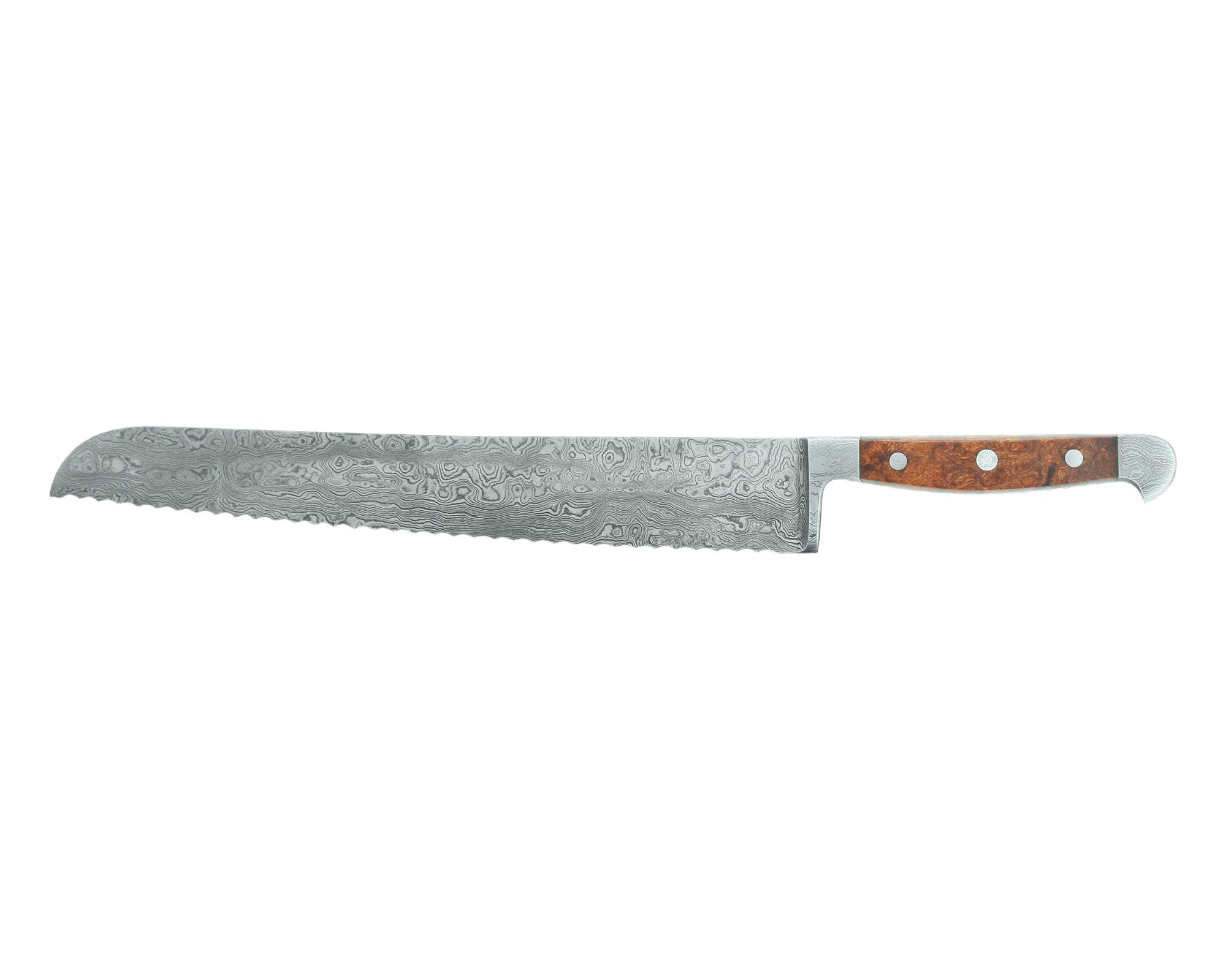 Güde Franz Güde Damascus Steel Bread Knife 12.5-in with desert ironwood handle, hand-forged in Solingen