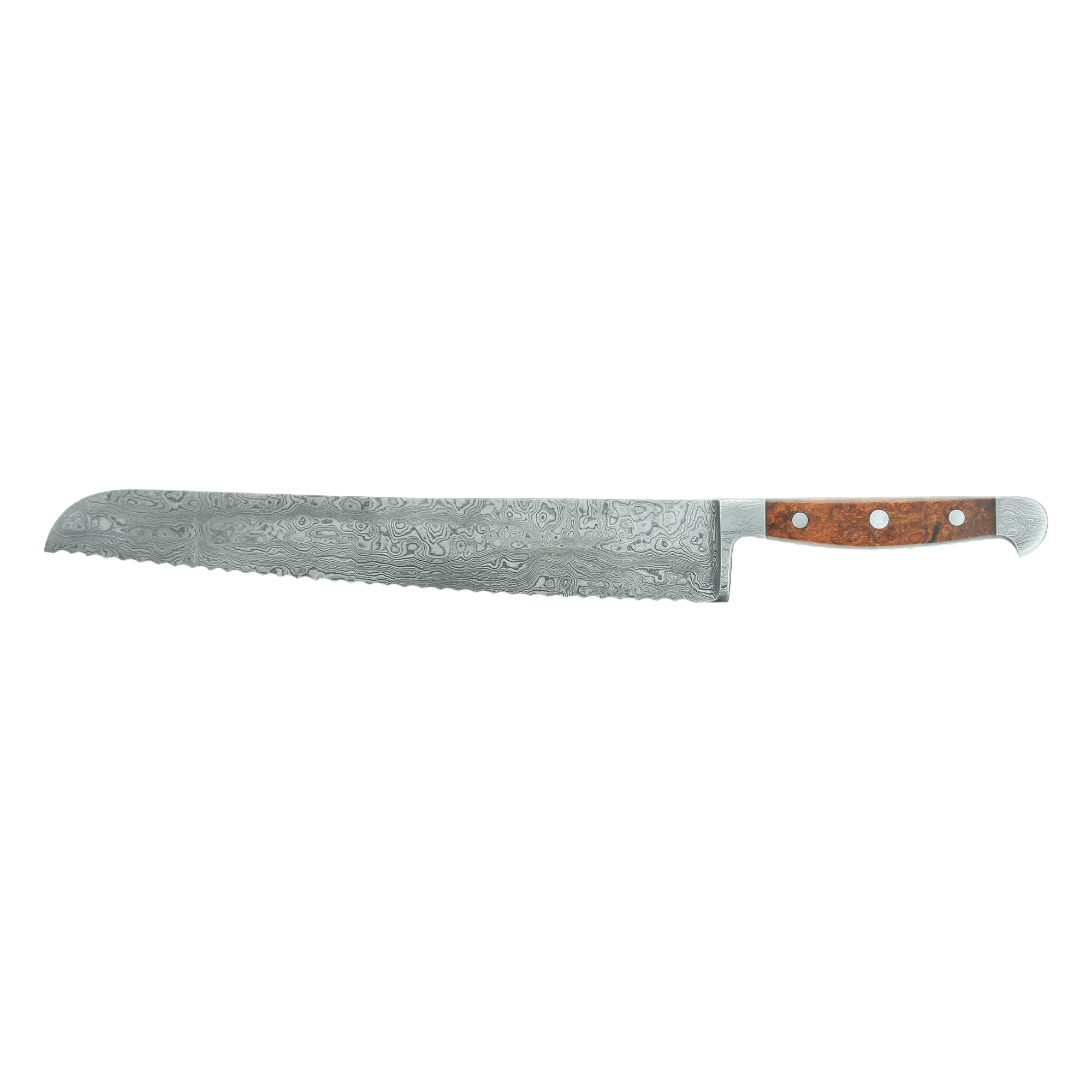 Güde Franz Güde Damascus Steel Bread Knife 12.5-in with desert ironwood handle, hand-forged in Solingen