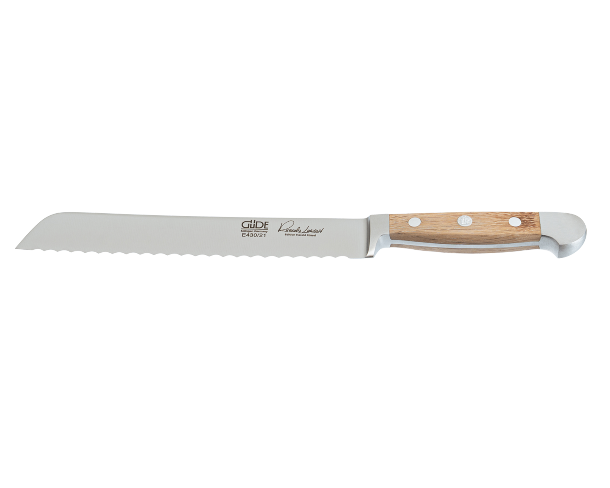 Güde Alpha Series serrated bread knife 8.2-in with barrel oak handle, hand-forged in Solingen, Germany