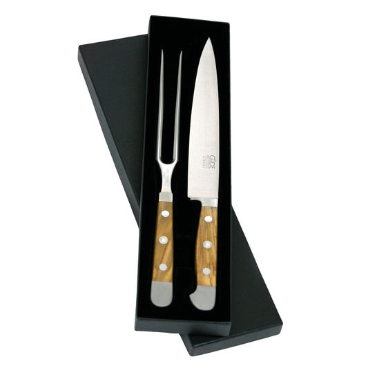 Gude Alpha Olive Series Forged Double Bolster 2-Piece Carving Set, Olivewood Handle