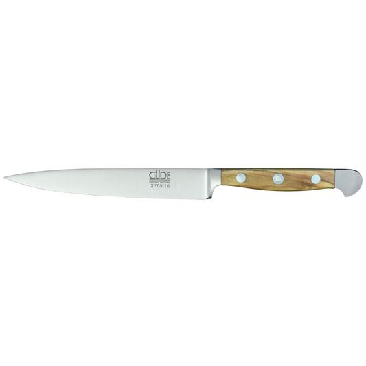 Gude Alpha Olive Series Forged Double Bolster Slicing Knife 6-in, Olivewood Handle