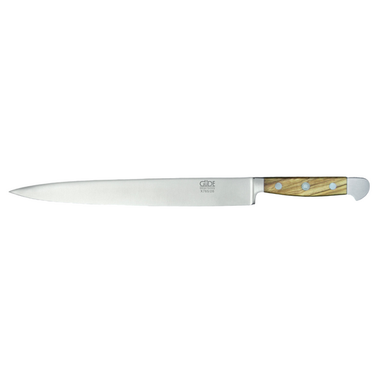 Gude Alpha Olive Series Forged Double Bolster Slicing Knife 10-in, Olivewood Handle