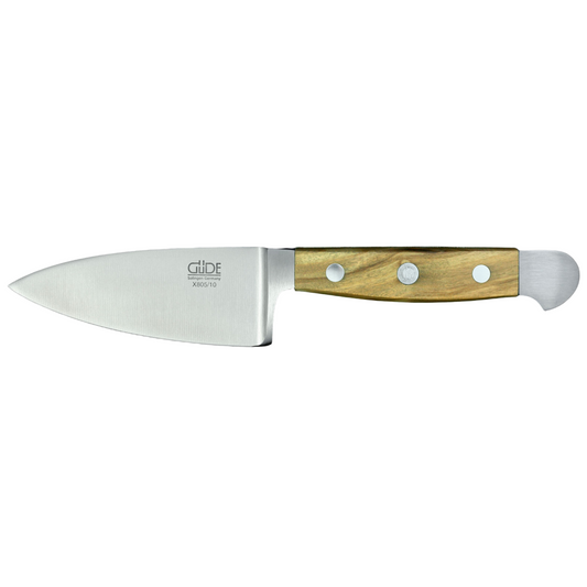 Gude Alpha Olive Series Forged Double Bolster Hard Cheese Knife 3-in, Olivewood Handle