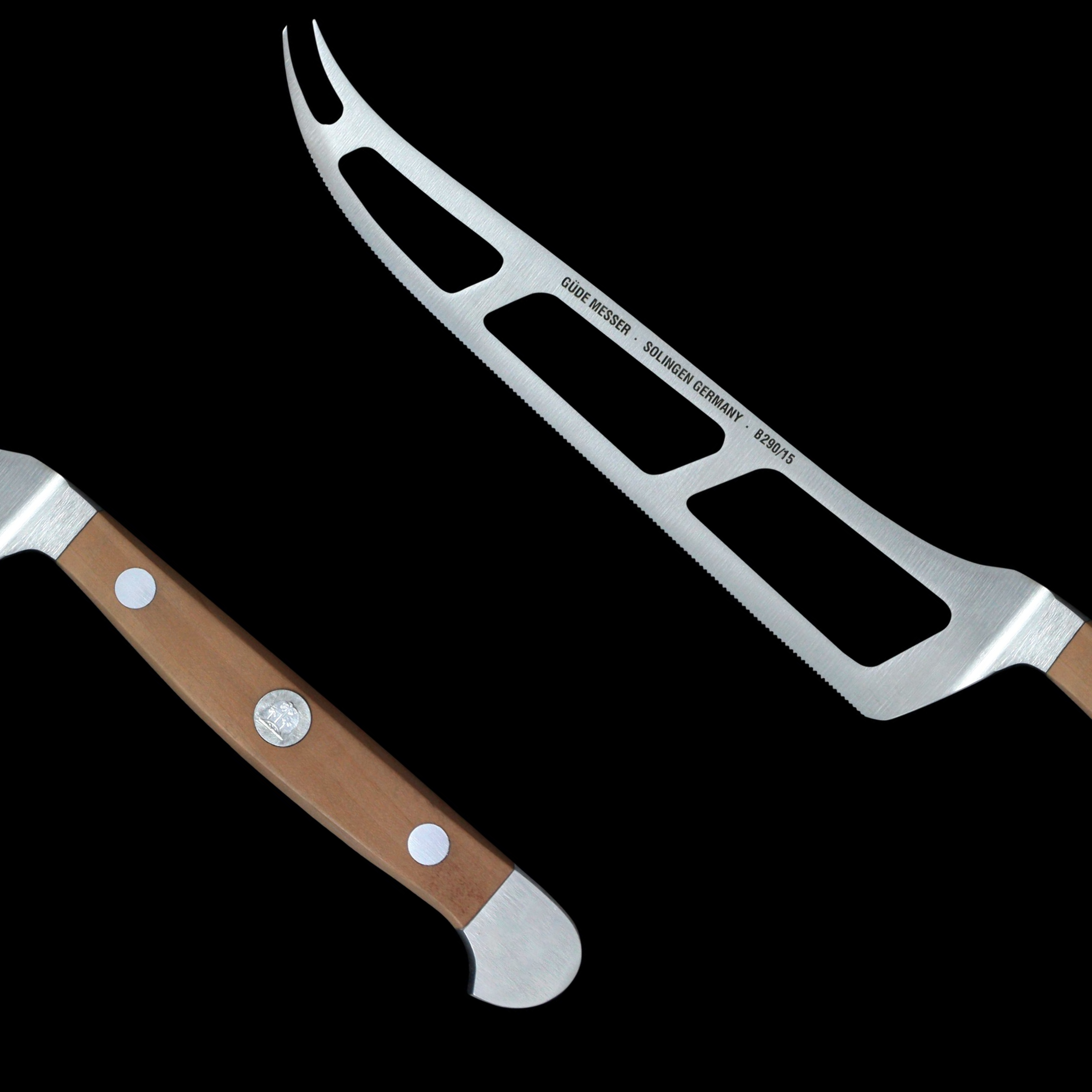 Gude Alpha Pear Series Forged Double Bolster Cheese Knife 6", Pearwood Handle and Serrated Blade - GuedeUSA