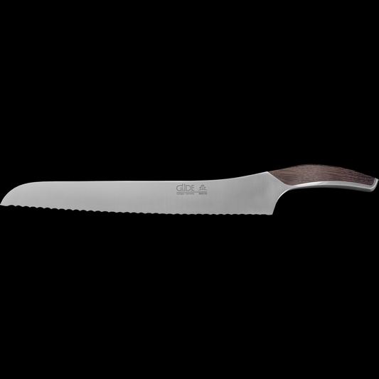 Gude Synchros Series Forged Bread Knife 12", Flamed Oakwood Handle and Serrated Blade - GuedeUSA