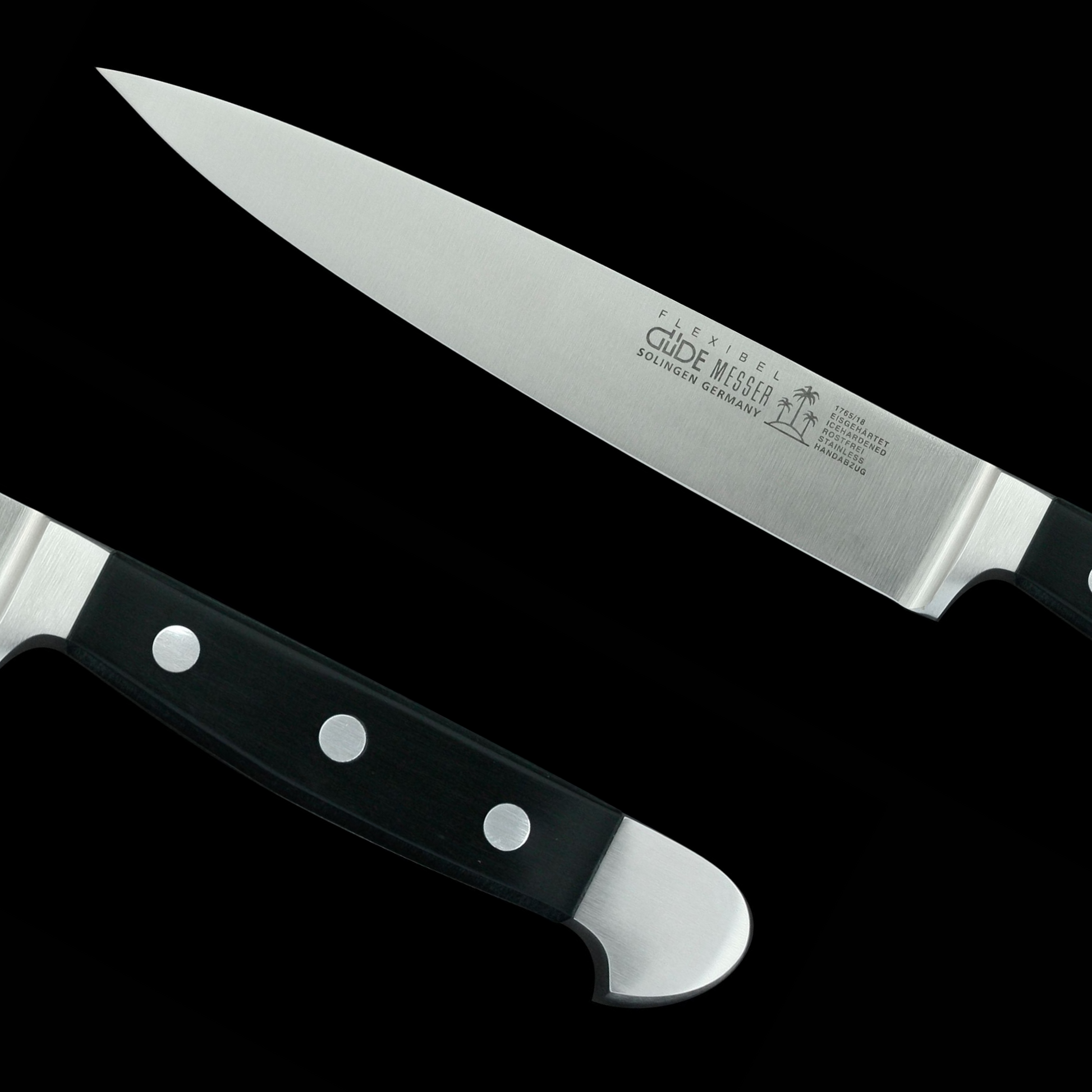 Gude Alpha Series Forged Double Bolster Fillet Knife 7", Black Hostaform Handle - GuedeUSA