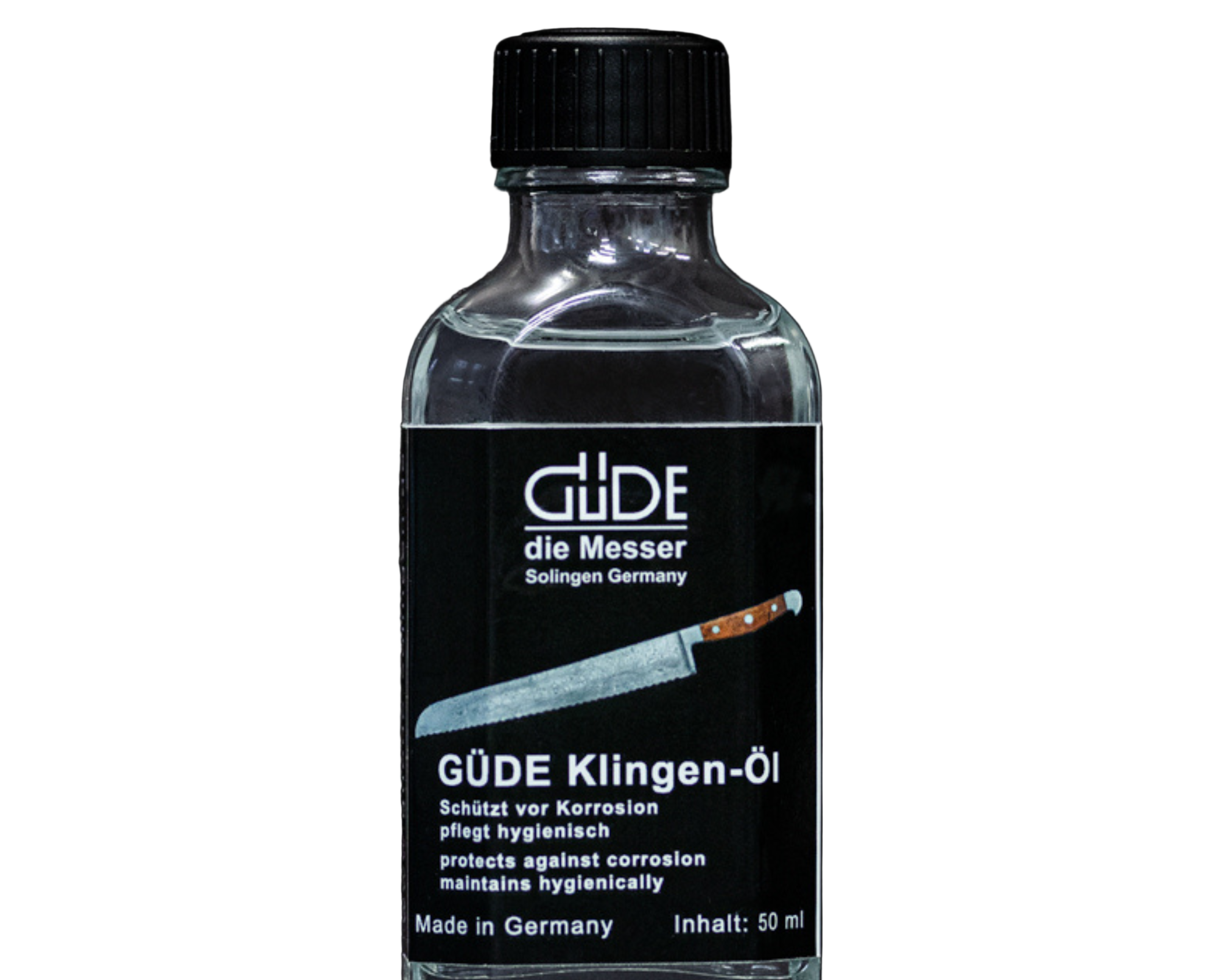 Güde knife blade oil cleaner in a 50 ml bottle, care product for Güde knife blades