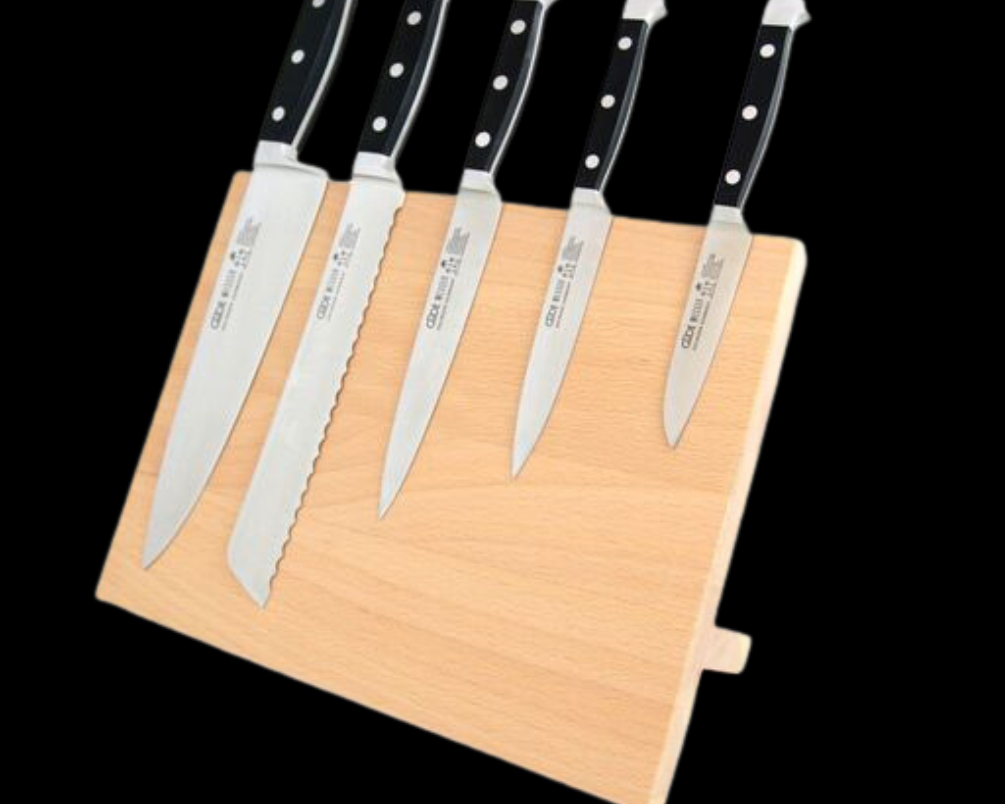 Güde beechwood magnetic knife block, holds up to five Güde knives securely