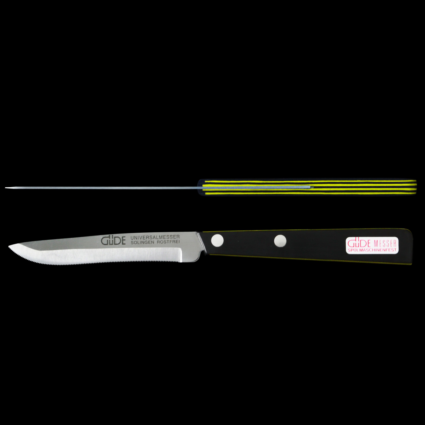 Gude Universal Knife Series 4", Black / Yellow Hostaform Handle and Serrated Blade - GuedeUSA