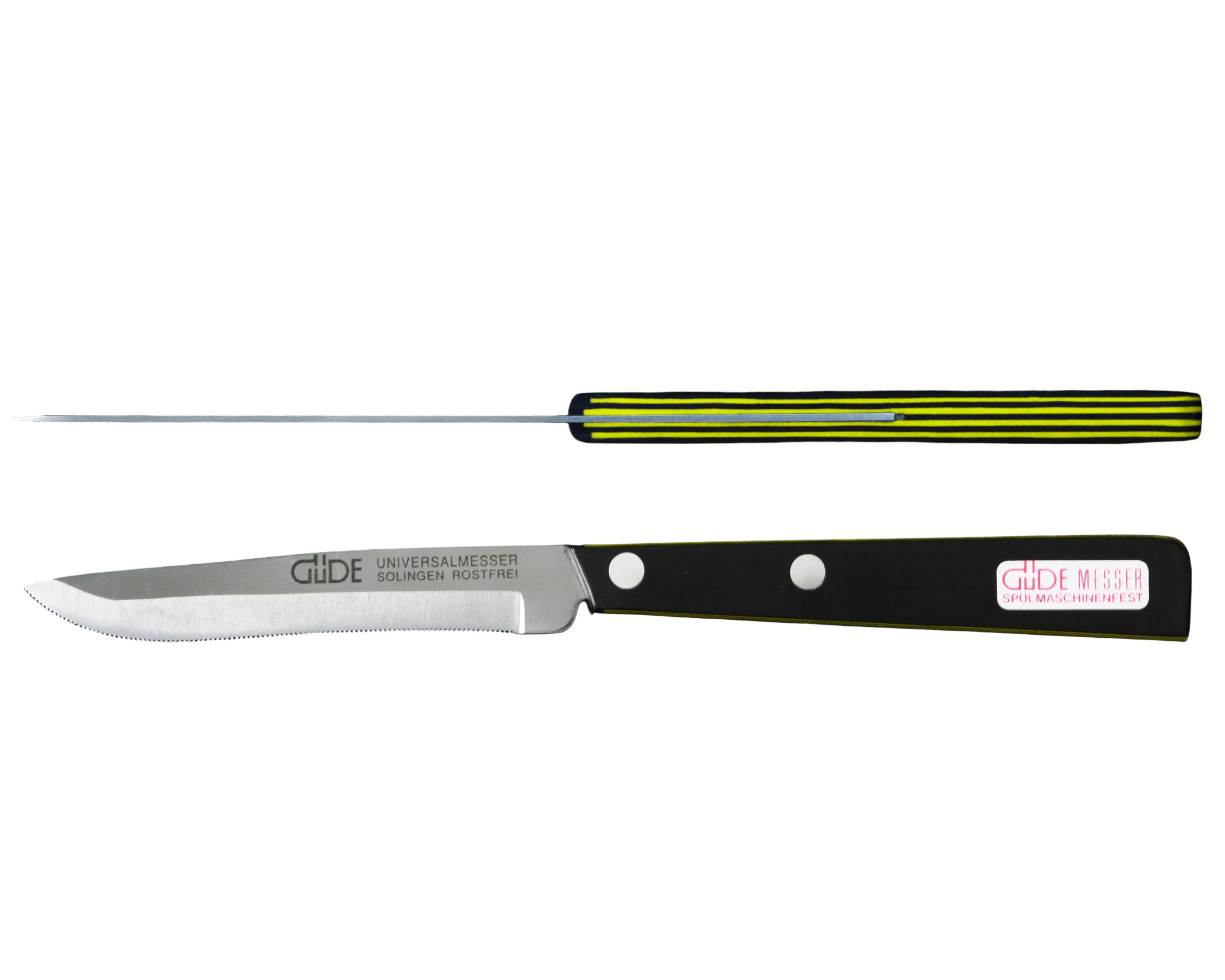Gude Universal Series Utility Serrated Knife 4-in, Black / Yellow Hostaform Handle - Gude Shop USA
