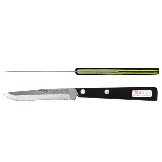 Gude Universal Series Utility Serrated Knife 4-in, Black / Yellow Hostaform Handle