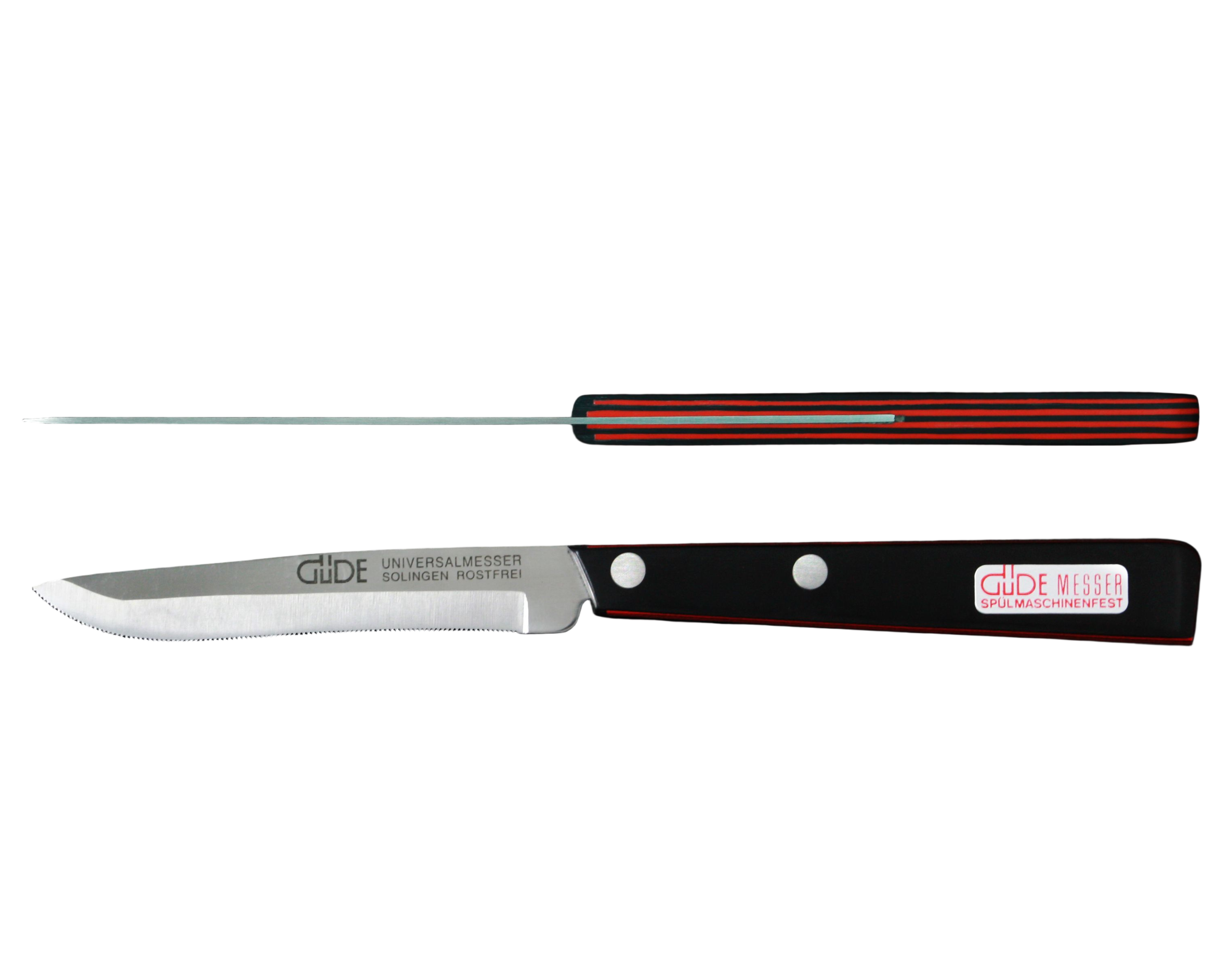 Gude Universal Series Utility Serrated Knife 4-in, Black / Red Hostaform Handle - Gude Shop USA