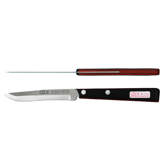 Gude Universal Series Utility Serrated Knife 4-in, Black / Red Hostaform Handle