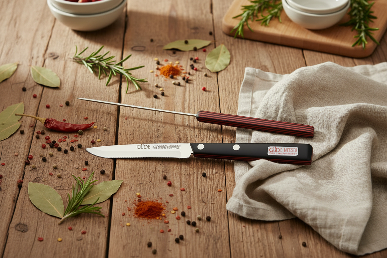 Gude Universal Series Utility Serrated Knife 4-in, Black / Red Hostaform Handle – Gude Shop USA
