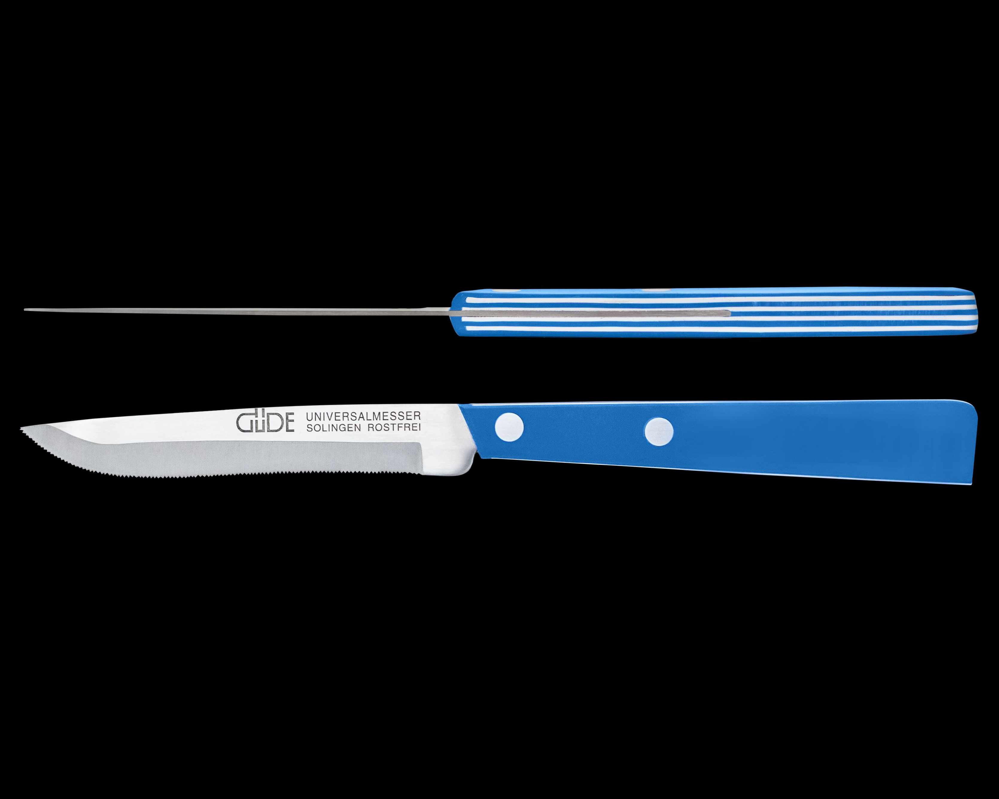 Gude Universal Knife Series 4", White / Blue Hostaform Handle and Serrated Blade - GuedeUSA