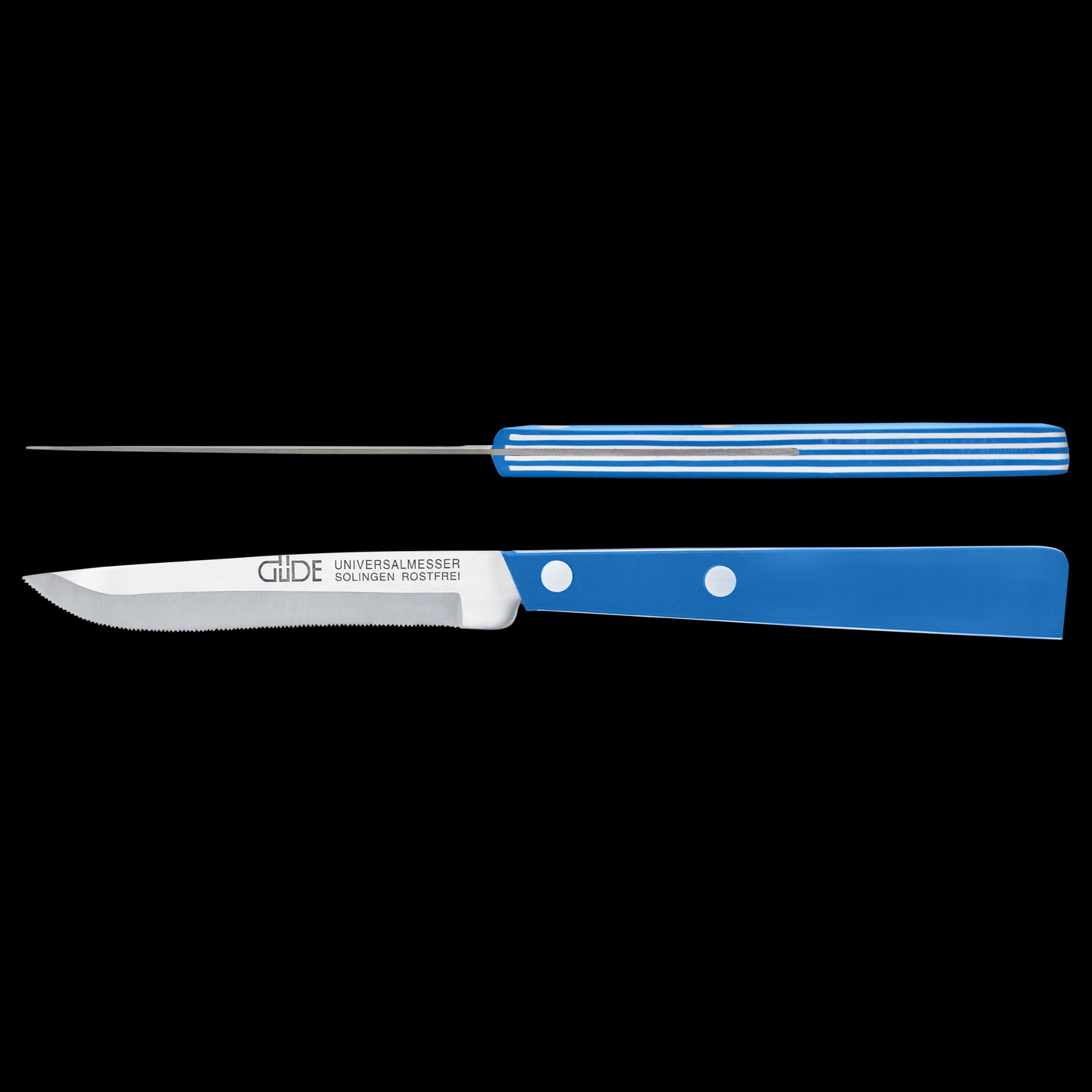 Gude Universal Knife Series 4", White / Blue Hostaform Handle and Serrated Blade - GuedeUSA