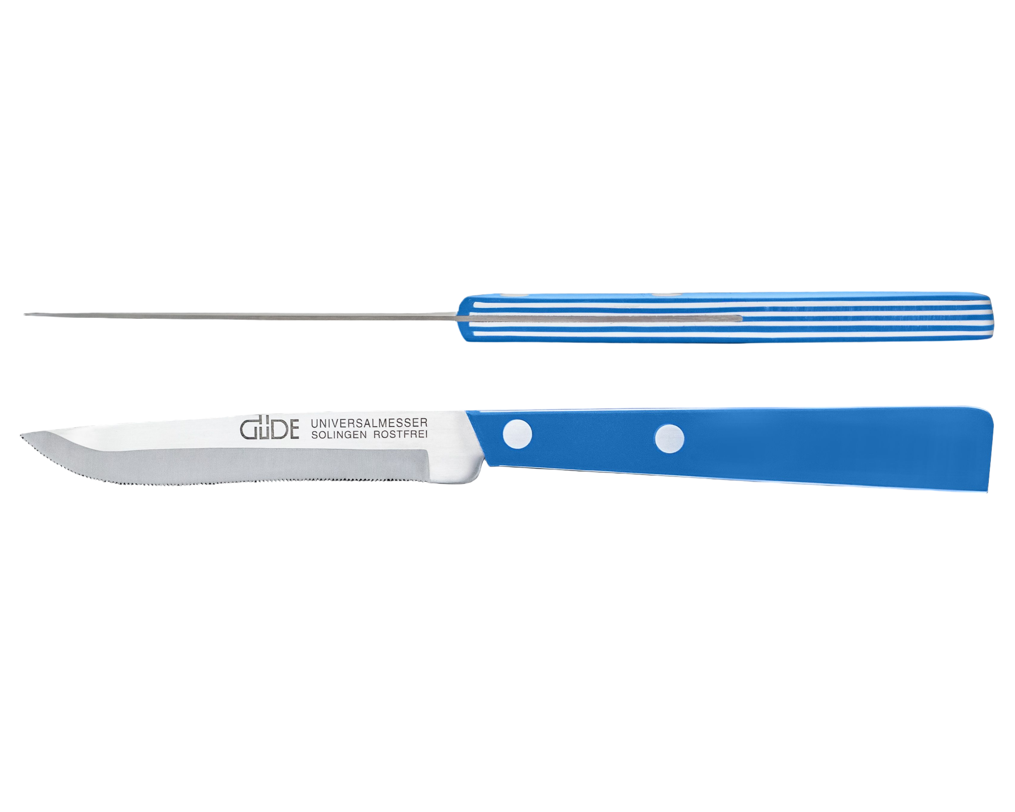 Gude Universal Series Utility Serrated Knife 4-in, White / Blue Hostaform Handle - Gude Shop USA