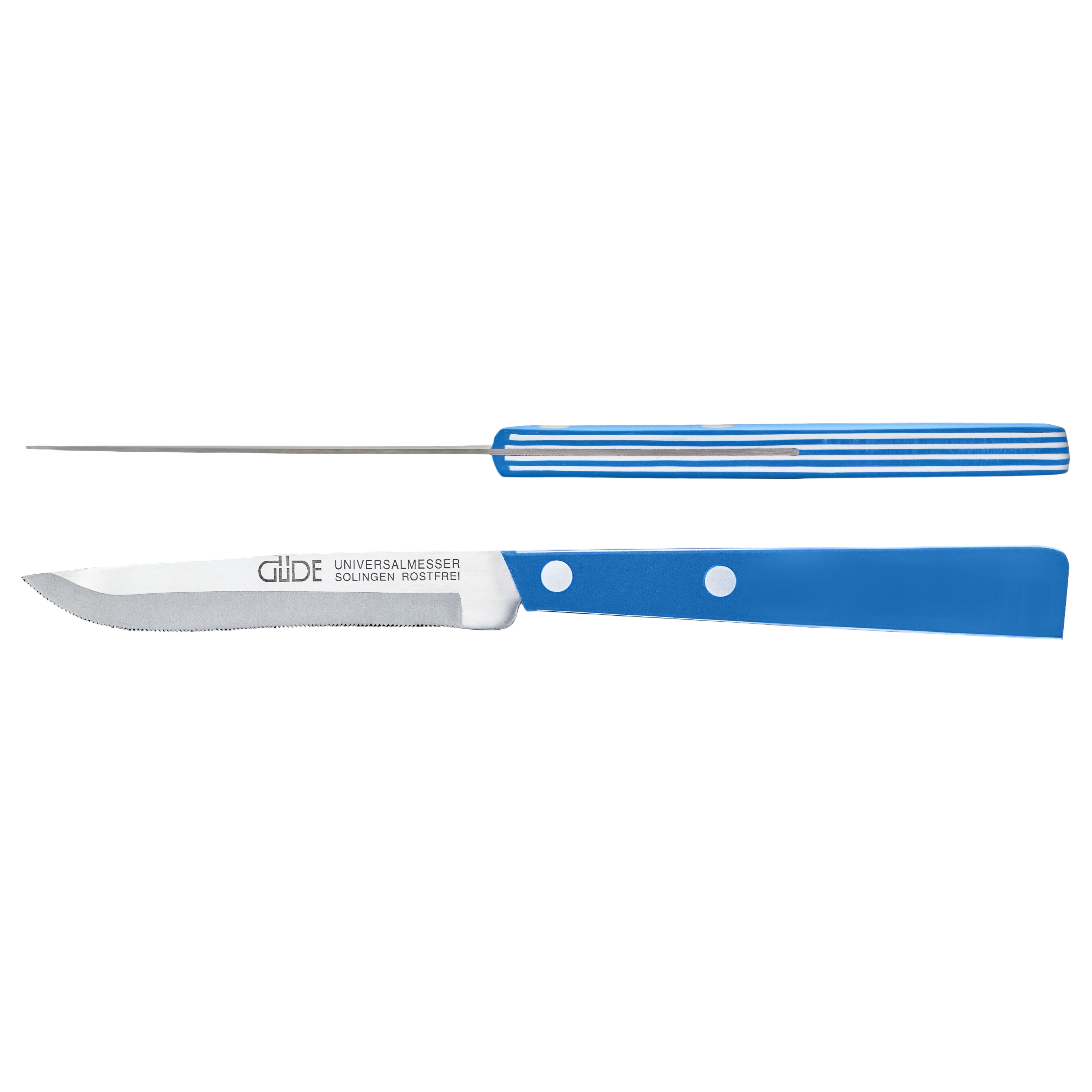Gude Universal Series Utility Serrated Knife 4-in, White / Blue Hostaform Handle - Gude Shop USA