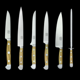 Güde Alpha Olive 8-piece block set including an 8-inch slicing knife with olivewood handle