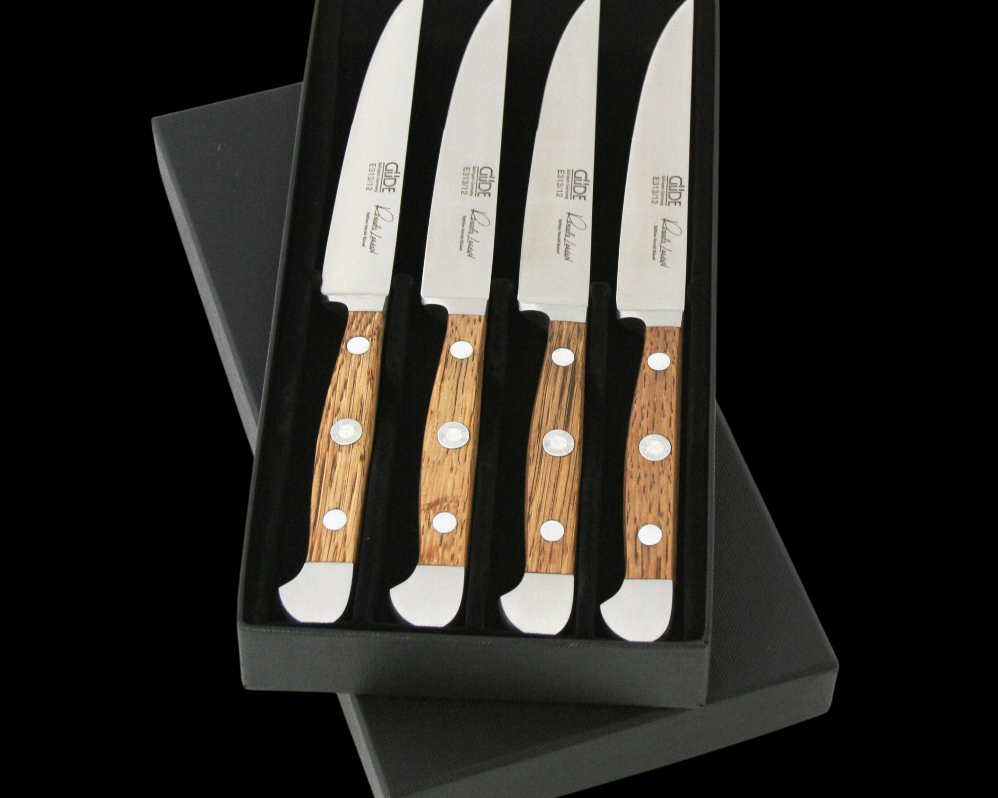 Gude Alpha Barrel Oak Series 4pc Steak Knife Set, Oakwood Handle and Serrated Blade - GuedeUSA
