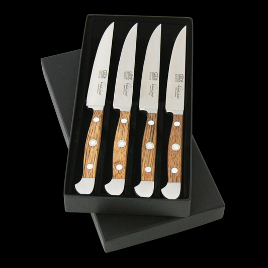 Gude Alpha Barrel Oak Series 4pc Steak Knife Set, Oakwood Handle and Serrated Blade - GuedeUSA