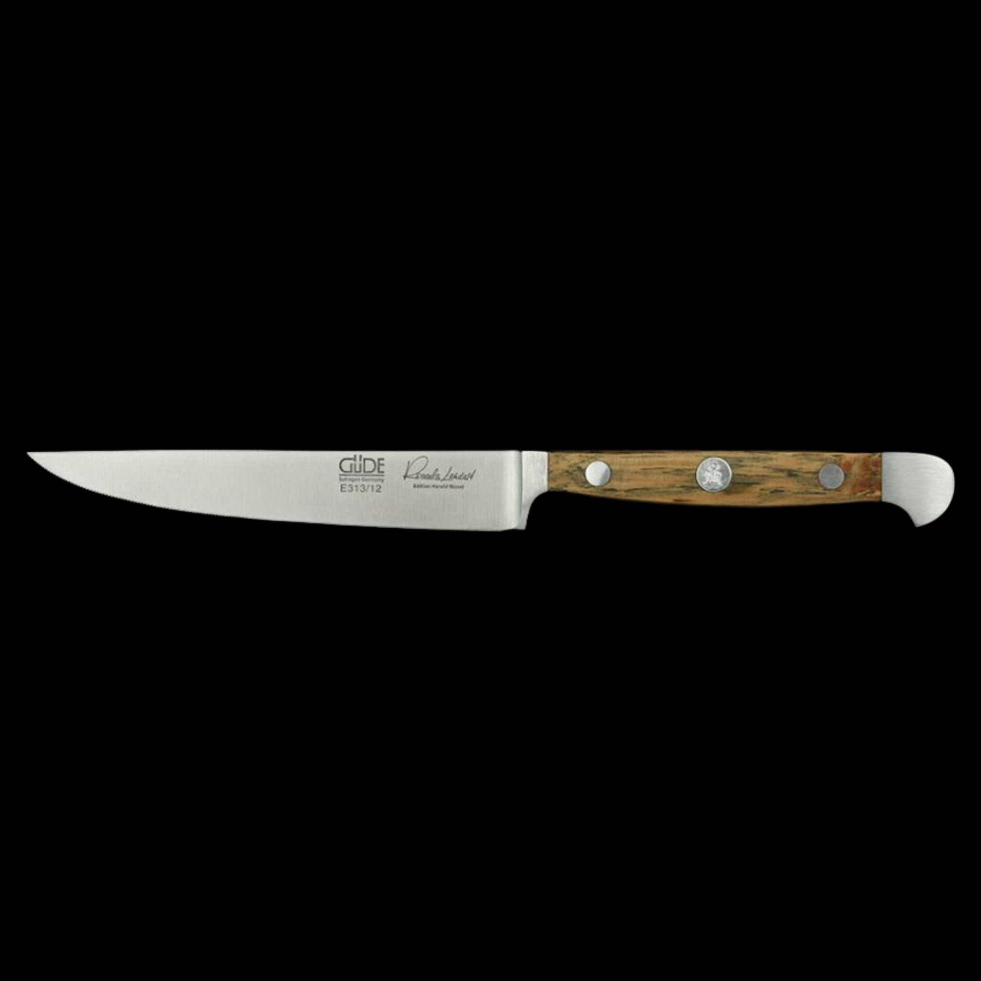 Gude Alpha Barrel Oak Series 4pc Steak Knife Set, Oakwood Handle and Serrated Blade - GuedeUSA