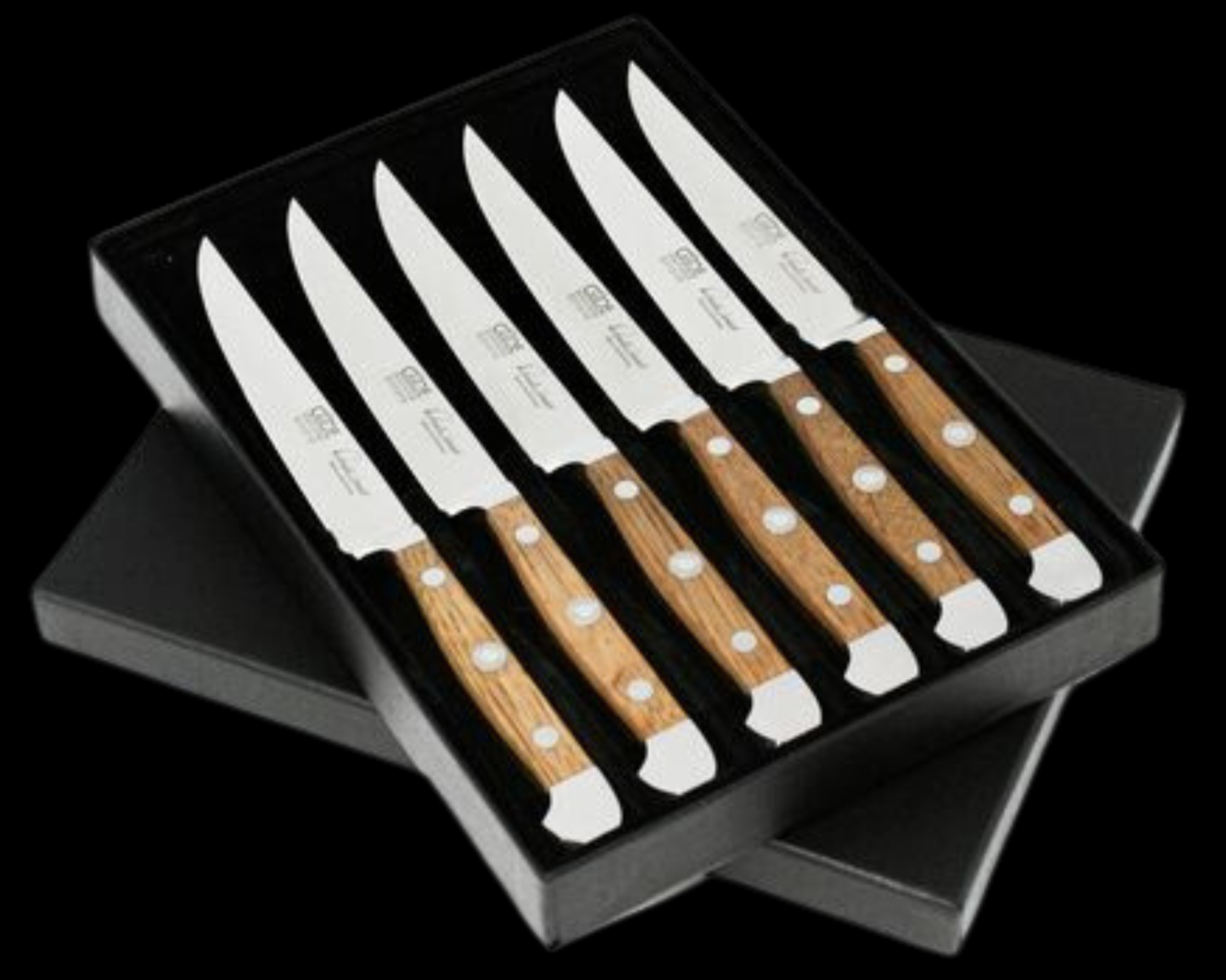 Gude Alpha Barrel Oak Series 6pc Steak Knife Set, Oakwood Handle And Serrated Blade - GuedeUSA