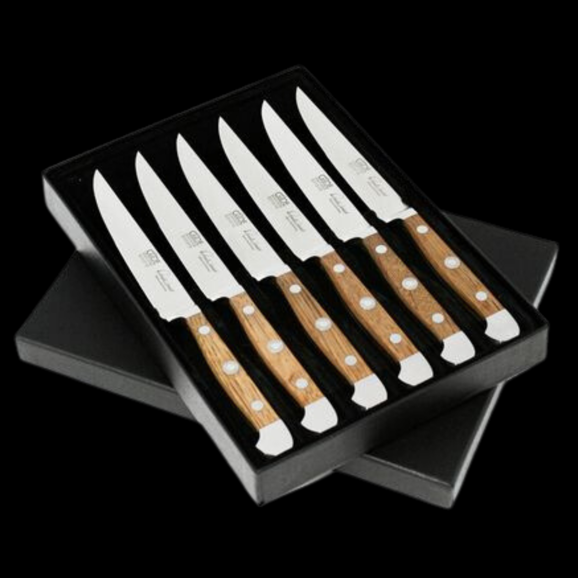 Gude Alpha Barrel Oak Series 6pc Steak Knife Set, Oakwood Handle And Serrated Blade - GuedeUSA