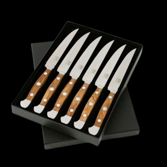 Gude Alpha Olive Series 6pc Steak Knife Set, Olivewood Handle and Serrated Blade - GuedeUSA