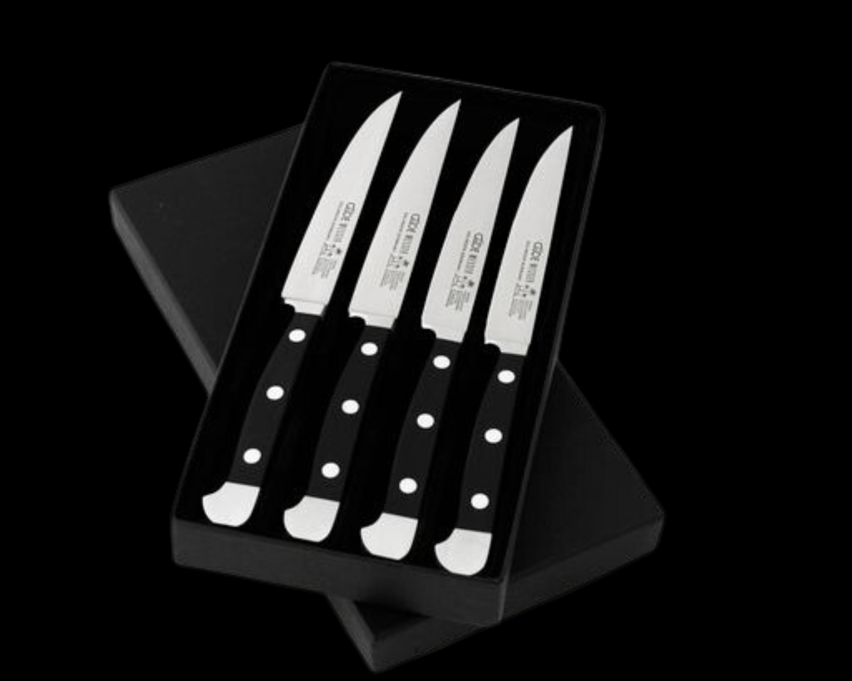 Gude Alpha Series 4pc Steak Knife Set, Black Hostaform Handle and Serrated Blade - GuedeUSA