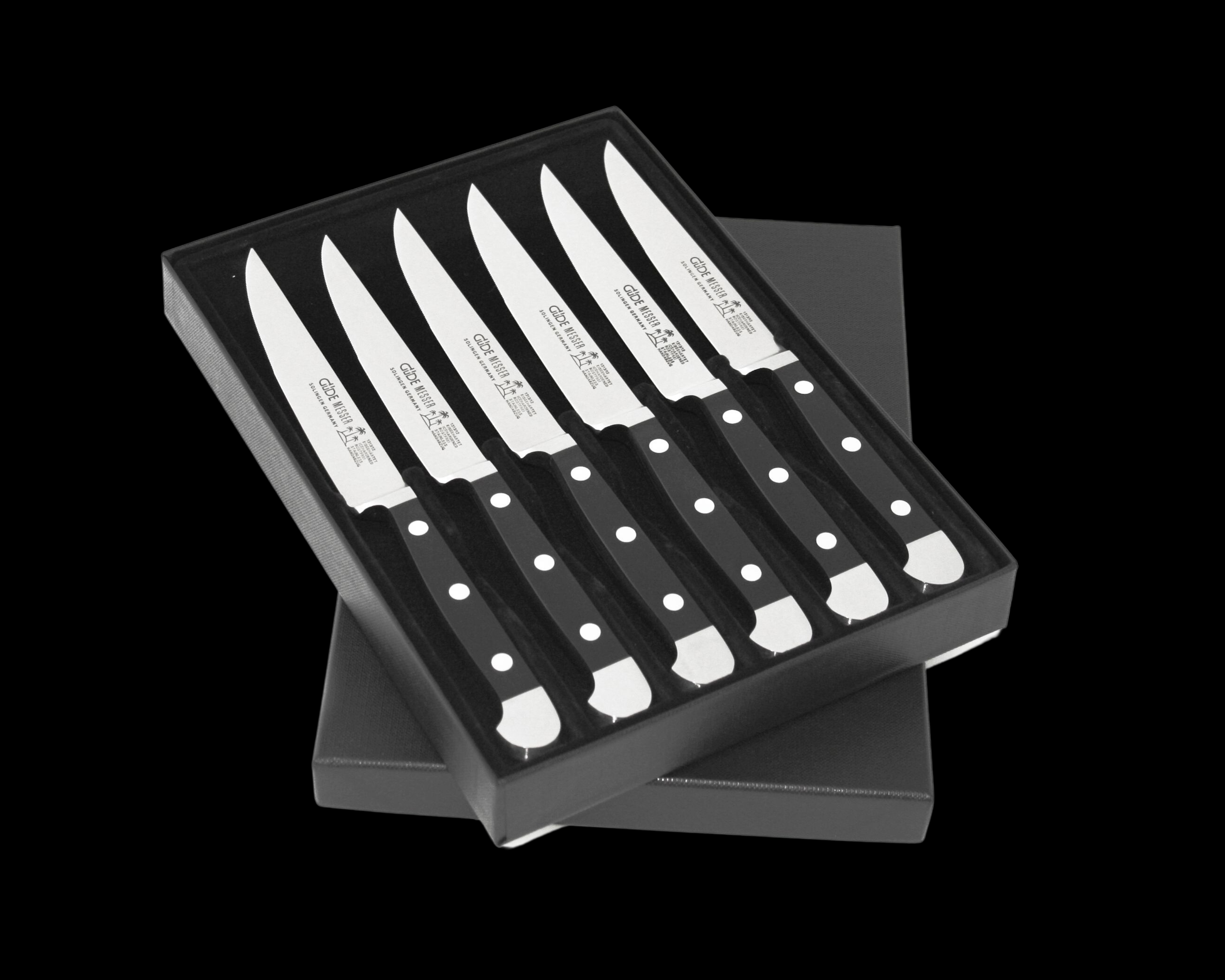 Gude Alpha Series 6pc Steak Knife Set, Black Hostaform Handle and Serrated Blade - GuedeUSA