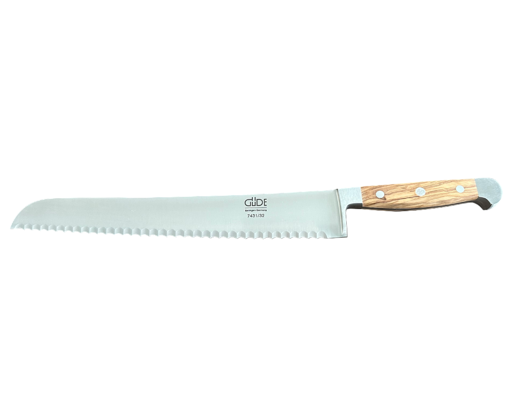 Franz Gude Series High Carbon Double Bolster Bread Knife 12", Italian Oak Wood Handle and Serrated Blade - GuedeUSA
