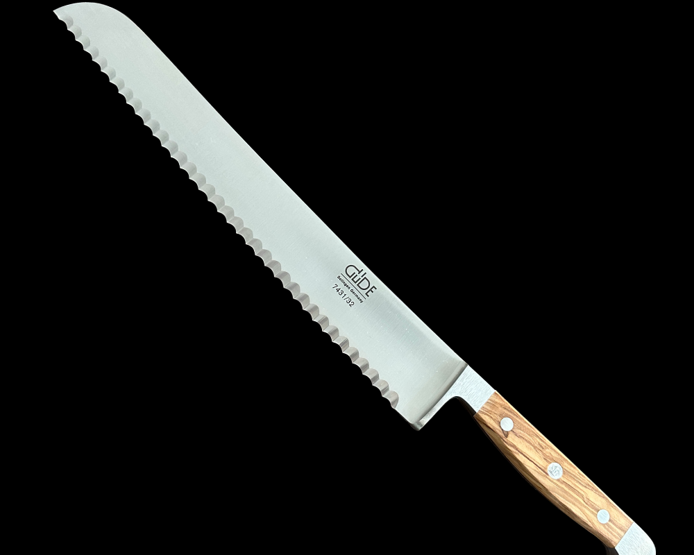 Franz Gude Series High Carbon Double Bolster Bread Knife 12", Italian Oak Wood Handle and Serrated Blade - GuedeUSA