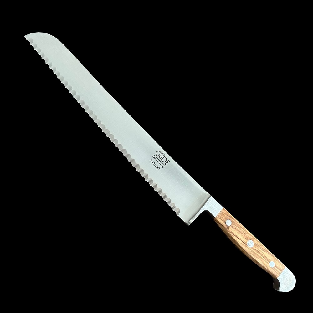Franz Gude Series High Carbon Double Bolster Bread Knife 12", Italian Oak Wood Handle and Serrated Blade - GuedeUSA