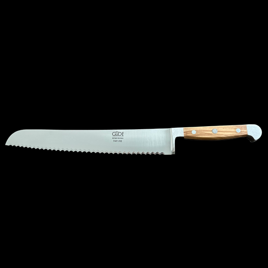 Franz Gude Series High Carbon Double Bolster Bread Knife 12", Italian Oak Wood Handle and Serrated Blade, Ambidextrous - GuedeUSA