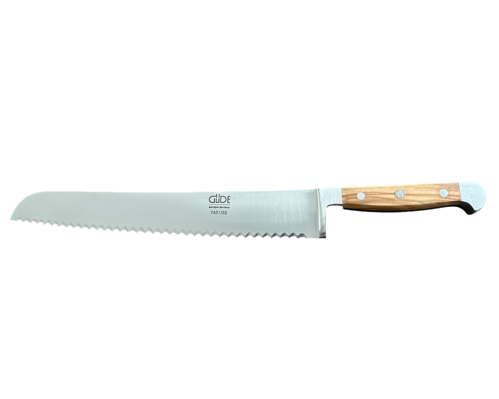 Gude Franz Güde Series High Carbon Double Bolster Serrated Bread Knife 12-in, Italian Oak Wood Handle, Left Handed - Gude Shop USA