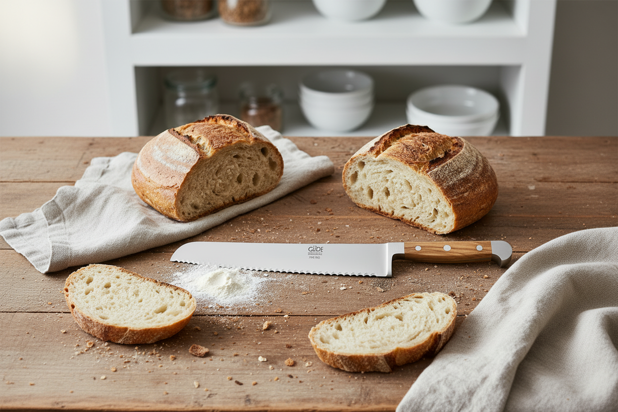 Gude Franz Güde Series High Carbon Double Bolster Bread Knife 12-in, Olive Wood Handle and Serrated Blade, Ambidextrous – Gude Shop USA
