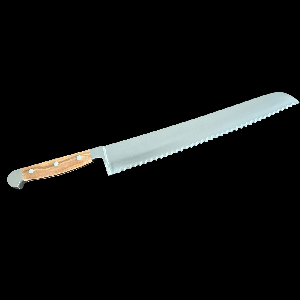 Franz Gude Series High Carbon Double Bolster Bread Knife 12", Italian Oak Wood Handle and Serrated Blade, Ambidextrous - GuedeUSA