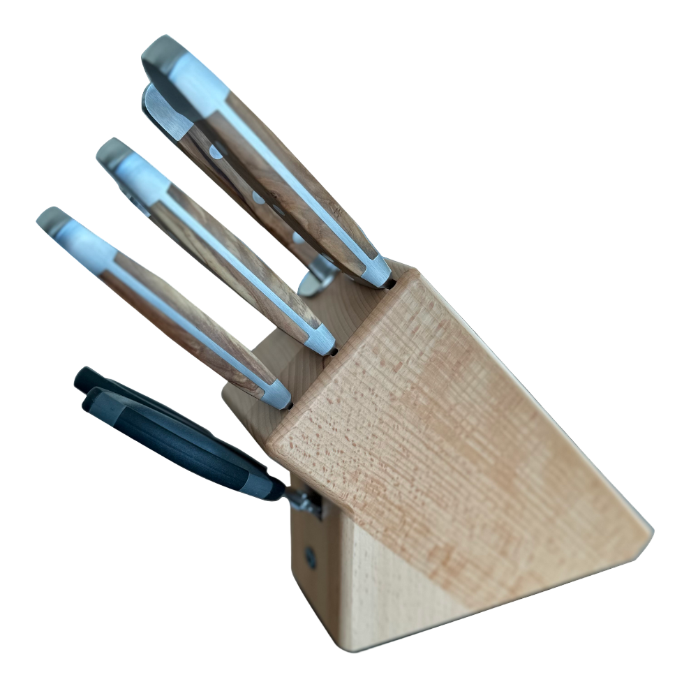 Güde Alpha Olive 8-piece block set including a 3.5-inch paring knife with olivewood handle