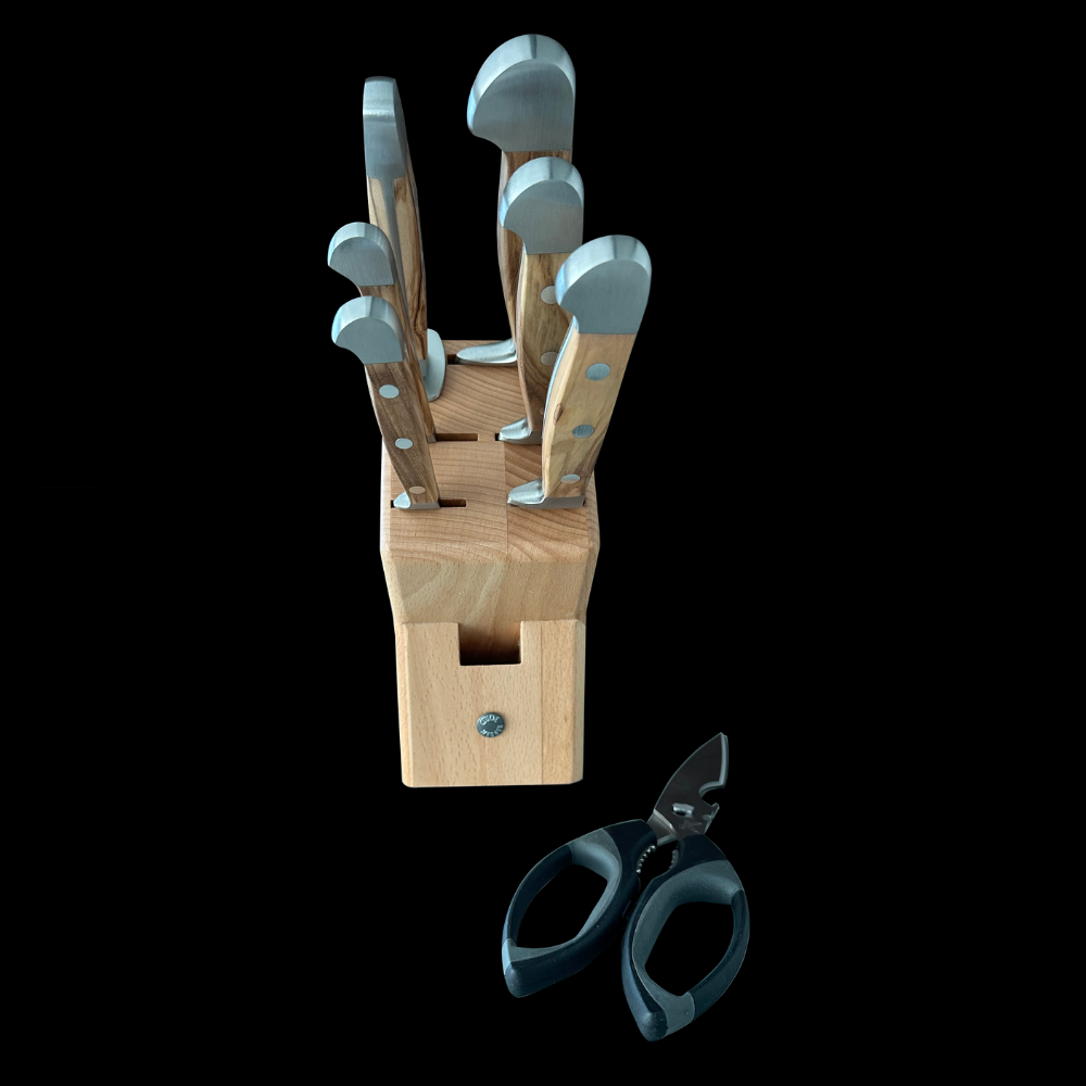 Güde Alpha Olive 8-piece block set including a 5-inch utility knife with olivewood handle