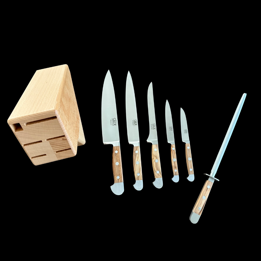Güde Alpha Olive 8-piece block set including a 6-inch boning knife with olivewood handle