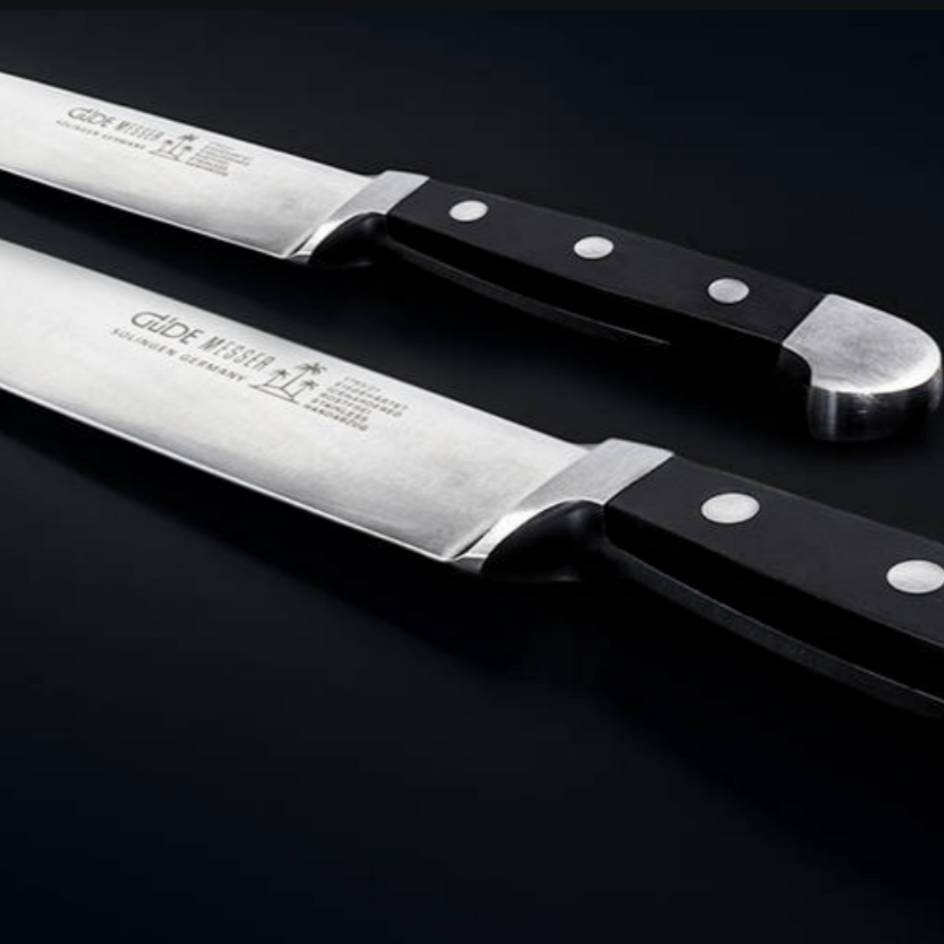 Gude Alpha Series Forged Double Bolster Steak Knife 4 1/2",  Black Hostaform Handle and Serrated Blade - GuedeUSA