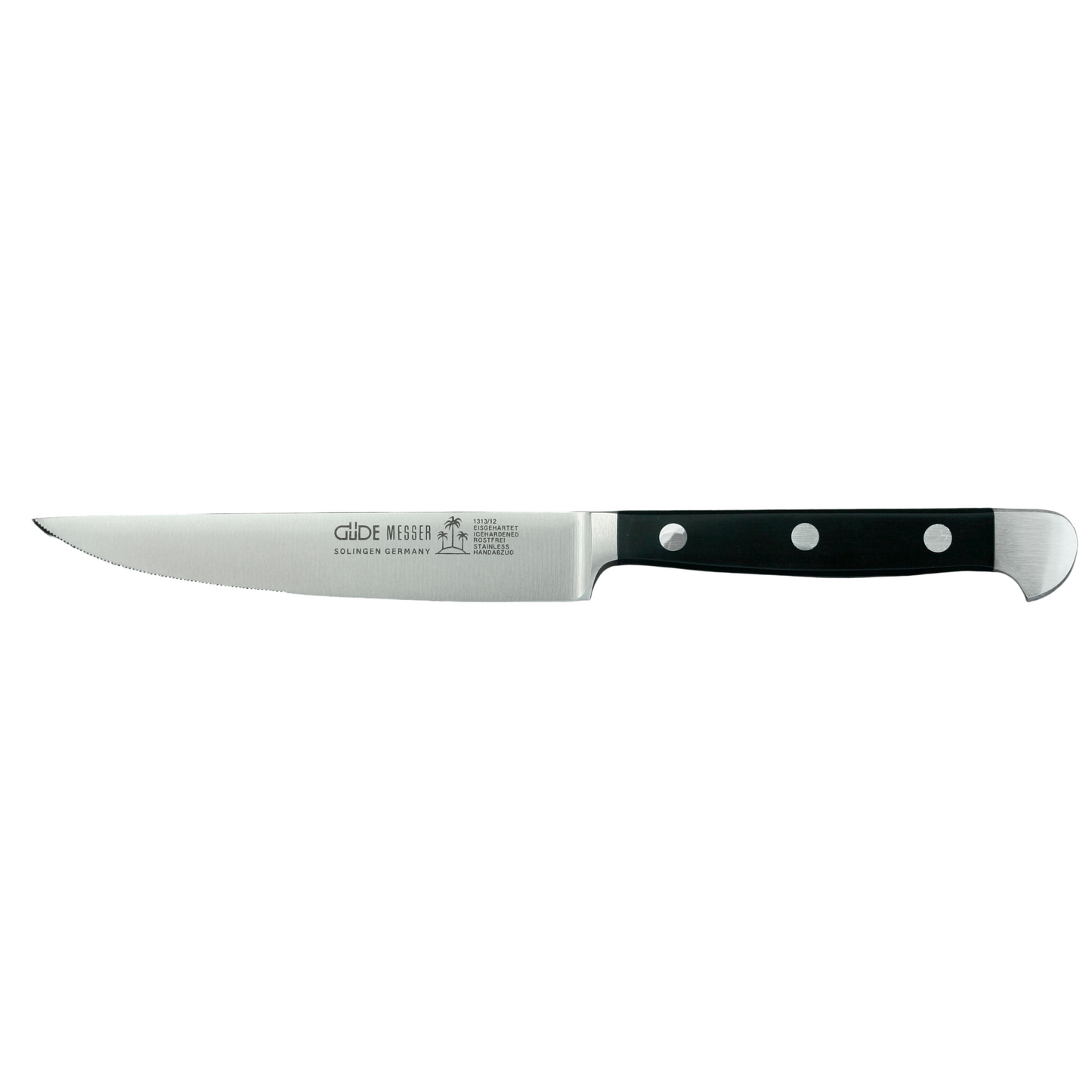 Gude Alpha Series Forged Double Bolster Serrated Steak Knife 4-1/2-in,  Black Hostaform Handle