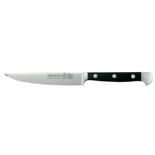 Gude Alpha Series Forged Double Bolster Serrated Steak Knife 4-1/2-in,  Black Hostaform Handle