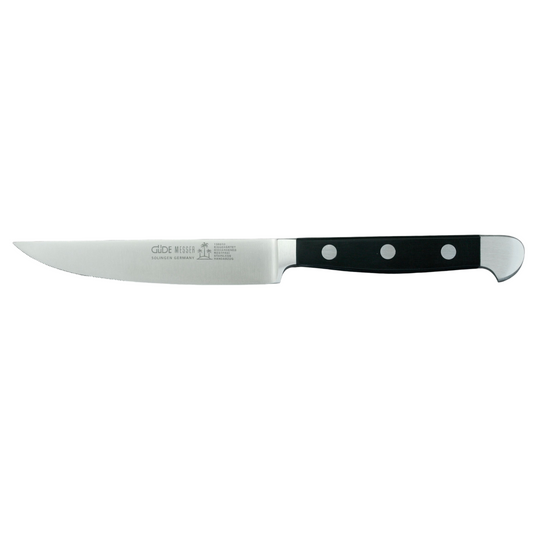 Gude Alpha Series Forged Double Bolster Porterhouse Serrated Steak Knife 4-1/2-in, Black Hostaform Handle