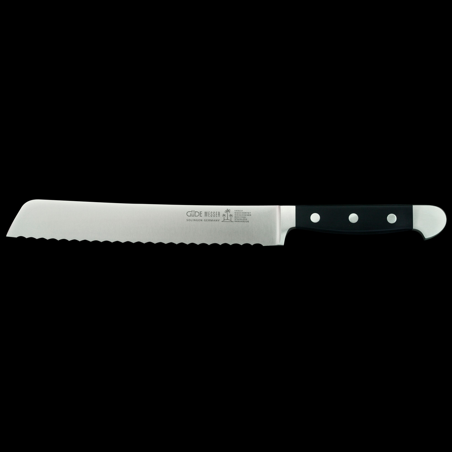 Gude Alpha Series Forged Double Bolster Bread Knife 8", Black Hostaform Handle and Serrated Blade - GuedeUSA