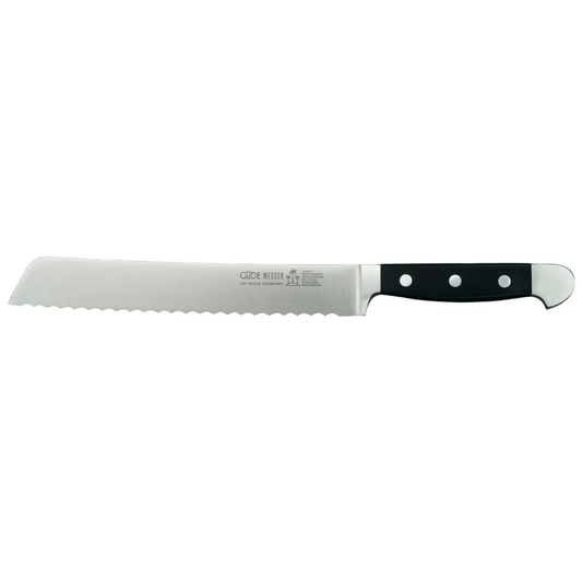 Gude Alpha Series Forged Double Bolster Serrated Bread Knife 8-in, Black Hostaform Handle