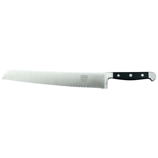 Gude Alpha Series Forged Double Bolster Serrated Bread Knife 12-in, Black Hostaform Handle