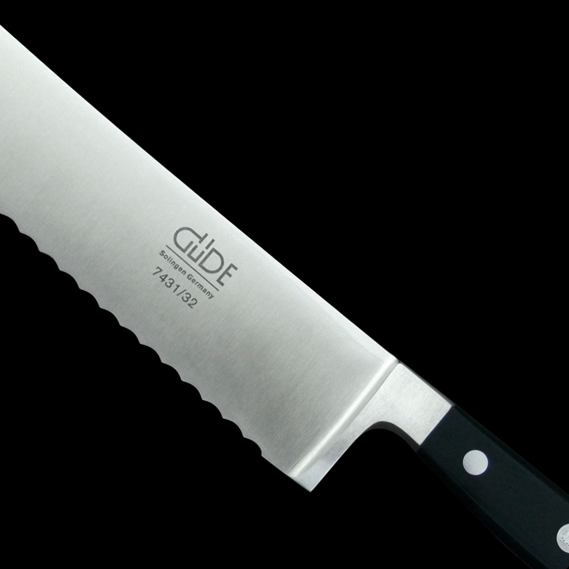 Gude Alpha Series Forged Double Bolster Bread Knife 12", Black Hostaform Handle and Serrated Blade - GuedeUSA